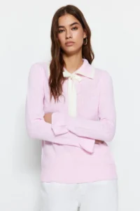 TRENDYOLMİLLA Powder PINK Color Bloklu Ribbon/Fiyonk Detailed Knitwear Sweater - Image 2