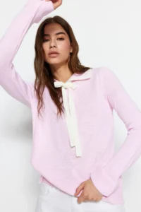 TRENDYOLMİLLA Powder PINK Color Bloklu Ribbon/Fiyonk Detailed Knitwear Sweater - Image 3