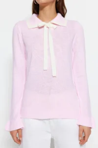 TRENDYOLMİLLA Powder PINK Color Bloklu Ribbon/Fiyonk Detailed Knitwear Sweater - Image 4