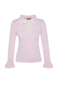 TRENDYOLMİLLA Powder PINK Color Bloklu Ribbon/Fiyonk Detailed Knitwear Sweater - Image 6
