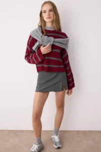 TRENDYOLMİLLA Burgundy Crop Basic Wide Pattern Striped Knitwear Sweater - Image 2