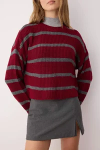 TRENDYOLMİLLA Burgundy Crop Basic Wide Pattern Striped Knitwear Sweater - Image 3