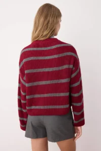TRENDYOLMİLLA Burgundy Crop Basic Wide Pattern Striped Knitwear Sweater - Image 4