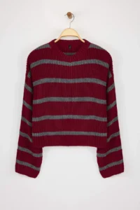 TRENDYOLMİLLA Burgundy Crop Basic Wide Pattern Striped Knitwear Sweater - Image 5