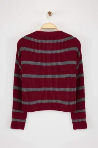 TRENDYOLMİLLA Burgundy Crop Basic Wide Pattern Striped Knitwear Sweater - Image 6
