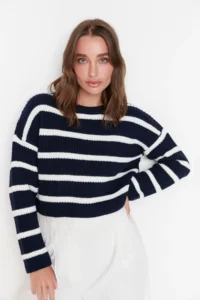 TRENDYOLMİLLA NAVY BLUE Crop Basic Striped Wide Pattern Knitwear Sweater - Image 2