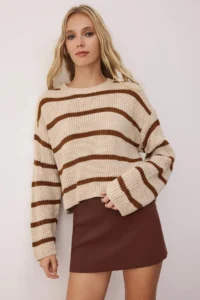 TRENDYOLMİLLA Stone Crop Basic Striped Wide Pattern Knitwear Sweater - Image 2