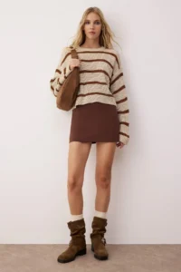 TRENDYOLMİLLA Stone Crop Basic Striped Wide Pattern Knitwear Sweater - Image 3