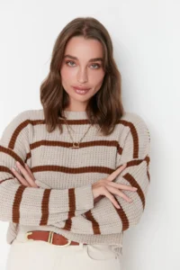 TRENDYOLMİLLA Stone Crop Basic Striped Wide Pattern Knitwear Sweater - Image 6