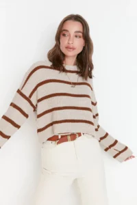 TRENDYOLMİLLA Stone Crop Basic Striped Wide Pattern Knitwear Sweater - Image 8