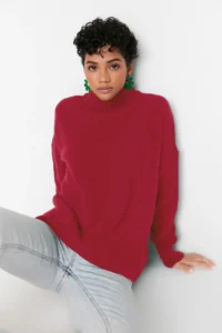 TRENDYOLMİLLA Burgundy Wide Pattern Soft textured High Neck Knitwear Sweater - Image 2