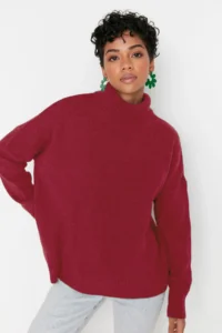TRENDYOLMİLLA Burgundy Wide Pattern Soft textured High Neck Knitwear Sweater - Image 4