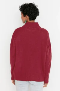 TRENDYOLMİLLA Burgundy Wide Pattern Soft textured High Neck Knitwear Sweater - Image 5