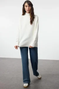 TRENDYOLMİLLA Ecru Wide Pattern Soft textured High Neck Knitwear Sweater - Image 2