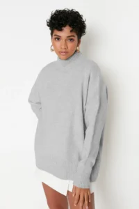 TRENDYOLMİLLA Light Gray Wide Pattern Soft textured High Neck Knitwear Sweater - Image 2