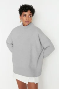 TRENDYOLMİLLA Light Gray Wide Pattern Soft textured High Neck Knitwear Sweater - Image 3