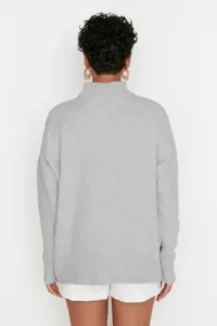 TRENDYOLMİLLA Light Gray Wide Pattern Soft textured High Neck Knitwear Sweater - Image 5