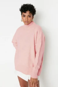 TRENDYOLMİLLA Powder PINK Wide Pattern Soft textured High Neck Knitwear Sweater - Image 2