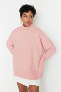 TRENDYOLMİLLA Powder PINK Wide Pattern Soft textured High Neck Knitwear Sweater - Image 3