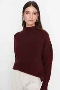 TRENDYOLMİLLA Burgundy Wide Pattern Soft textured Basic Knitwear Sweater - Image 8