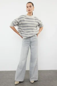 TRENDYOLMİLLA Beige Wide Pattern Striped Knitwear Sweater - Image 2