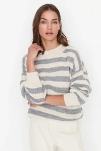 TRENDYOLMİLLA Ecru Wide Pattern Striped Knitwear Sweater - Image 6