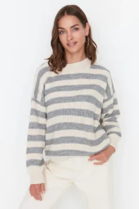 TRENDYOLMİLLA Ecru Wide Pattern Striped Knitwear Sweater - Image 8