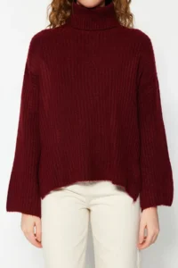 TRENDYOLMİLLA Burgundy Soft textured Wide Pattern Knitwear Sweater - Image 2