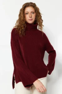 TRENDYOLMİLLA Burgundy Soft textured Wide Pattern Knitwear Sweater - Image 4