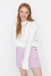 TRENDYOLMİLLA Ecru Crop Soft textured Knitwear Sweater - Image 2