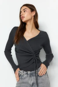 TRENDYOLMİLLA Anthracite Double breasted Ruffle Detailed Knitwear Sweater - Image 2