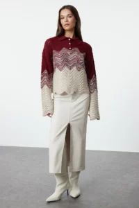 TRENDYOLMİLLA Purple Crop Jewelry buttoned Color Blocked Knitwear Sweater - Image 2