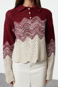 TRENDYOLMİLLA Purple Crop Jewelry buttoned Color Blocked Knitwear Sweater - Image 3