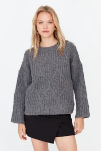 TRENDYOLMİLLA Anthracite Soft textured Wide Pattern Knitwear Sweater - Image 3
