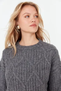 TRENDYOLMİLLA Anthracite Soft textured Wide Pattern Knitwear Sweater - Image 4