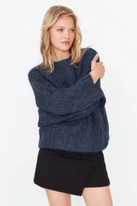 TRENDYOLMİLLA Indigo Wide Pattern Soft textured Knitwear Sweater - Image 2