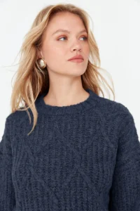 TRENDYOLMİLLA Indigo Wide Pattern Soft textured Knitwear Sweater - Image 3