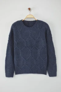 TRENDYOLMİLLA Indigo Wide Pattern Soft textured Knitwear Sweater - Image 6