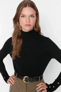 TRENDYOLMİLLA Black Mercerized Look Premium Thread / Special Thread Basic Knitwear Sweater - Image 2