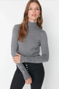 TRENDYOLMİLLA Gray Mercerized Look Premium Thread / Special Thread Basic Knitwear Sweater