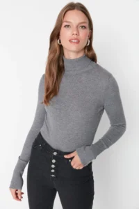 TRENDYOLMİLLA Gray Mercerized Look Premium Thread / Special Thread Basic Knitwear Sweater - Image 2