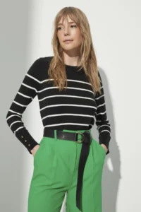 TRENDYOLMİLLA Black Mercerized Look Premium Thread / Special Thread Striped Knitwear Sweater - Image 2