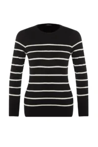 TRENDYOLMİLLA Black Mercerized Look Premium Thread / Special Thread Striped Knitwear Sweater - Image 7
