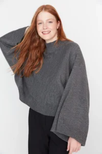 TRENDYOLMİLLA Anthracite Wide Pattern Spanish Arm Knitwear Sweater - Image 6