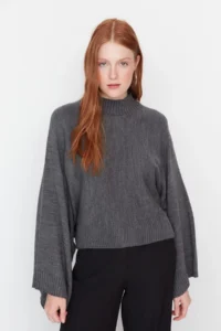 TRENDYOLMİLLA Anthracite Wide Pattern Spanish Arm Knitwear Sweater - Image 7