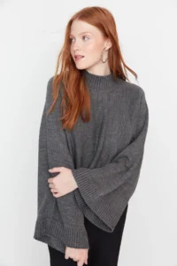 TRENDYOLMİLLA Anthracite Wide Pattern Spanish Arm Knitwear Sweater - Image 8