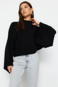 TRENDYOLMİLLA Black Wide Pattern Spanish Arm Knitwear Sweater - Image 7