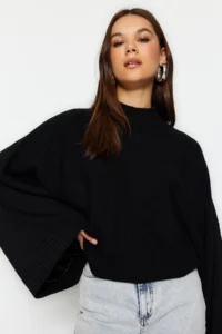 TRENDYOLMİLLA Black Wide Pattern Spanish Arm Knitwear Sweater - Image 8