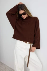 TRENDYOLMİLLA Brown Wide Pattern Spanish Arm Knitwear Sweater - Image 3