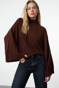 TRENDYOLMİLLA Brown Wide Pattern Spanish Arm Knitwear Sweater - Image 7